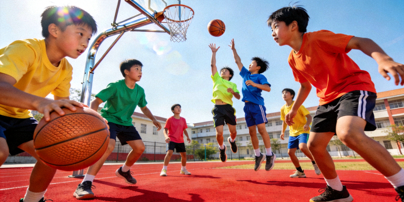 青少年在校园操场进行篮球运动的活力场景