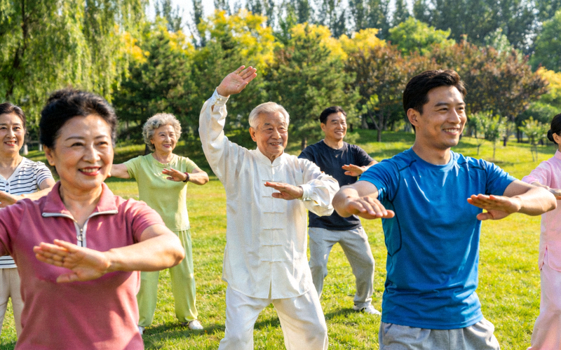 社区居民在公园集体进行健身活动的欢乐和谐场景
