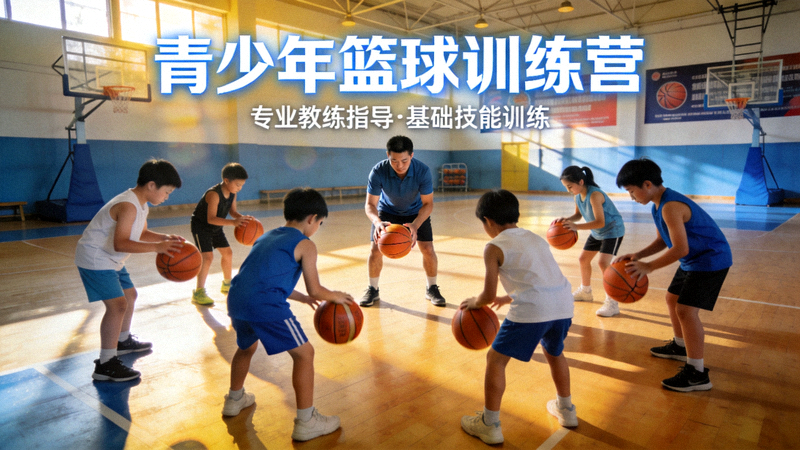 青少年篮球训练营活动 - 孩子们在教练指导下练习篮球