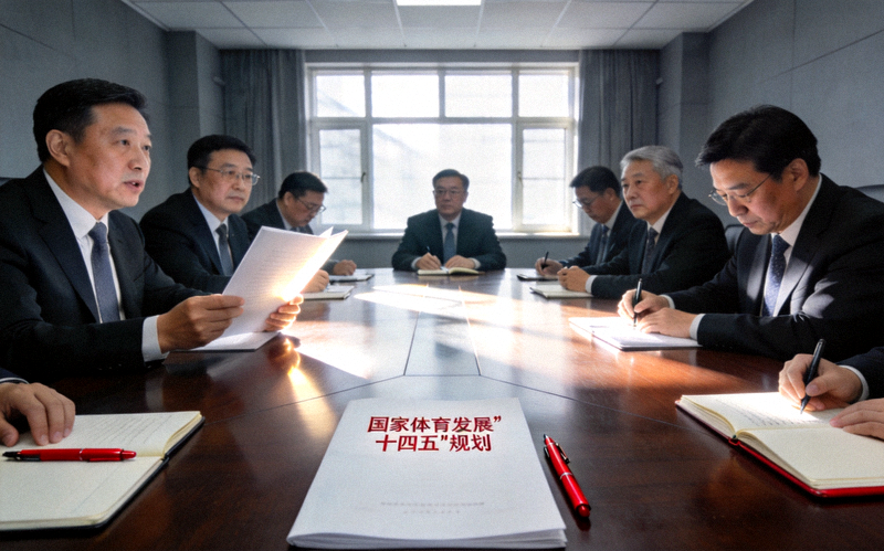 国家体育政策文件与会议讨论场景，展现政策制定的严肃性与科学性