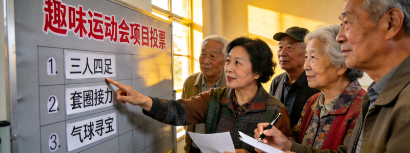 社区居民投票选择下一期趣味运动会项目 - 居民在展板前讨论