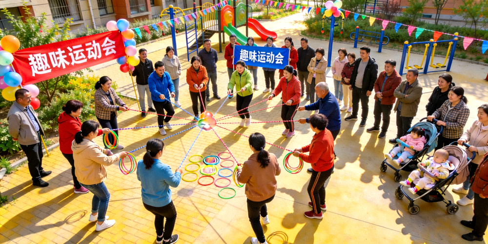 试点社区趣味运动会现场全景 - 众多居民参与各项活动，气氛热烈