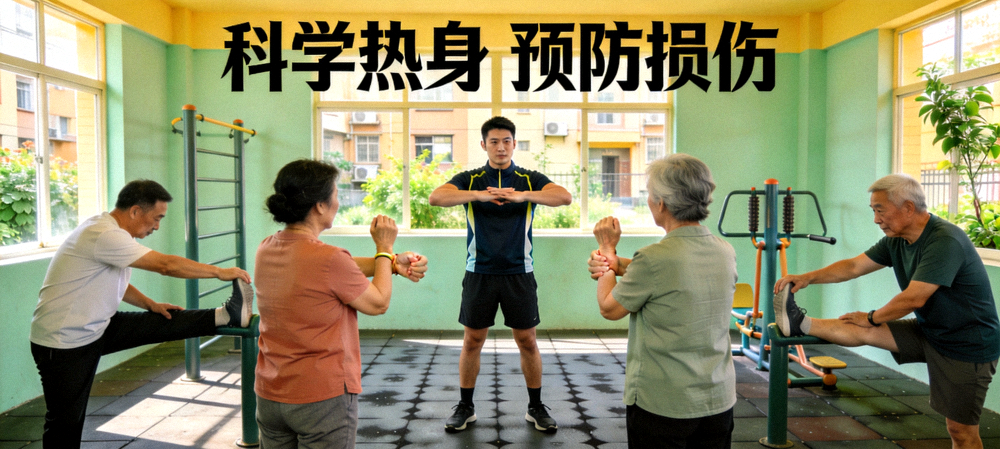 专业健身教练在社区指导居民进行科学热身和拉伸练习，防止运动损伤