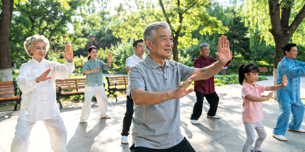 不同年龄段的社区居民在公园集体进行太极拳锻炼的和谐场景