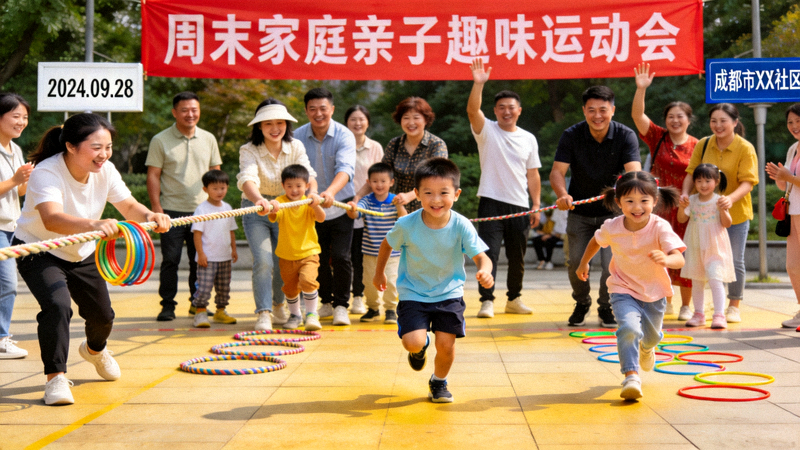 成都市某社区周末家庭亲子趣味运动会热闹场面