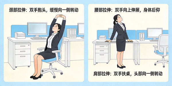 上班族利用办公室工位进行简易拉伸运动的示意图