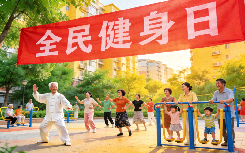社区居民积极参与全民健身日活动的欢乐场景