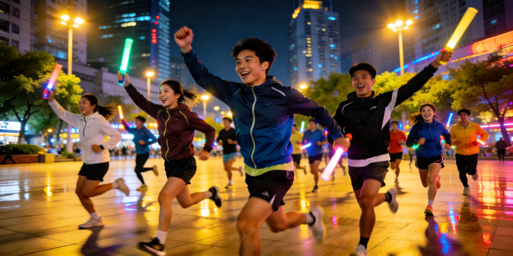 一群年轻人在城市广场上进行集体夜跑活动，充满活力与朝气