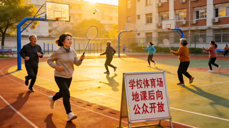 江苏省学校体育场地课后向公众开放，社区居民在学校操场锻炼