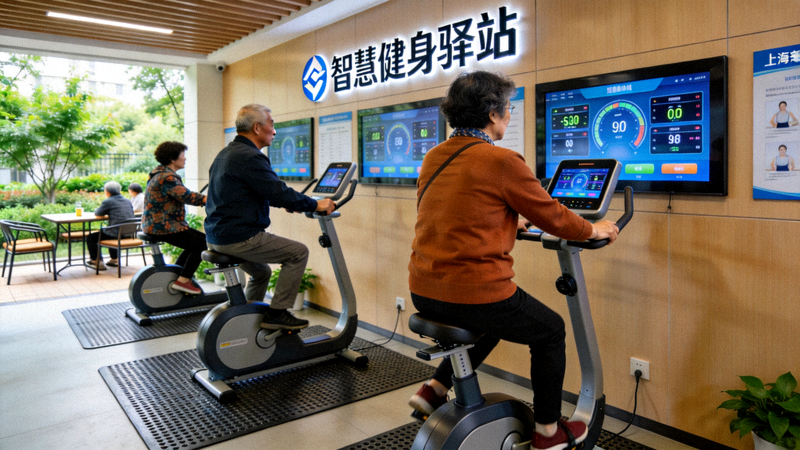 上海市社区智慧健身驿站内居民使用智能设备进行锻炼