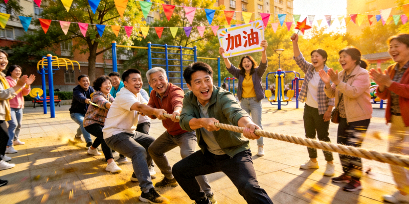 社区居民参加趣味运动会中欢乐的拔河比赛