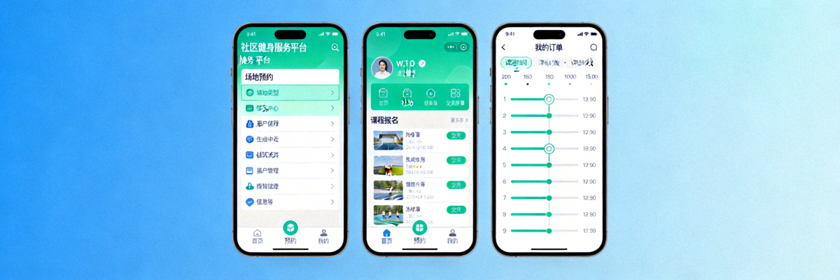 数字化社区健身服务平台界面展示，居民通过手机预约场地和课程