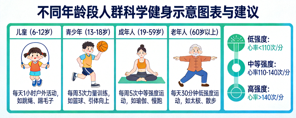 不同年龄段人群科学健身示意图表与建议