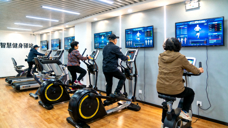 北京某社区智慧健身驿站内景 - 居民使用智能健身器材进行锻炼
