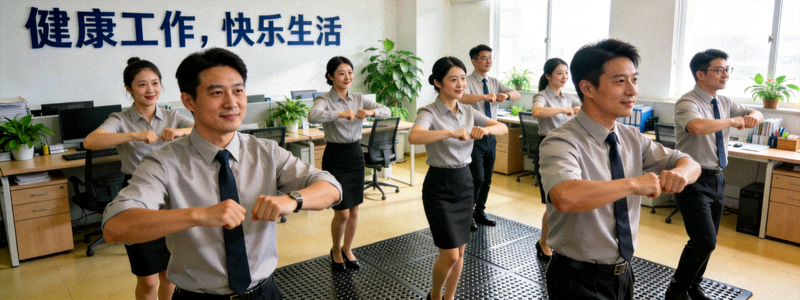 企业员工在办公室进行午间集体健身操活动的场景