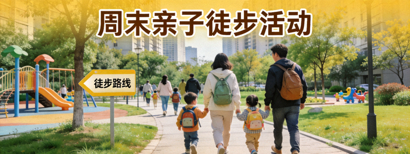 社区居民组织周末亲子徒步活动，穿越城市公园