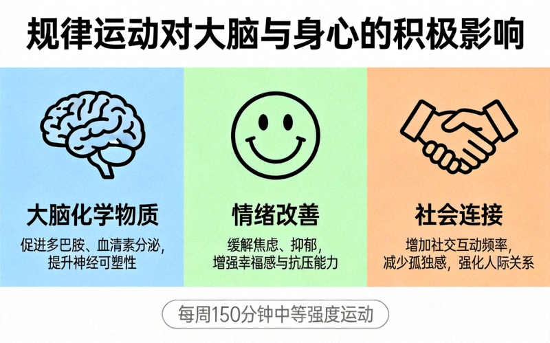 信息图展示规律运动对大脑化学物质、情绪和社会连接的积极影响