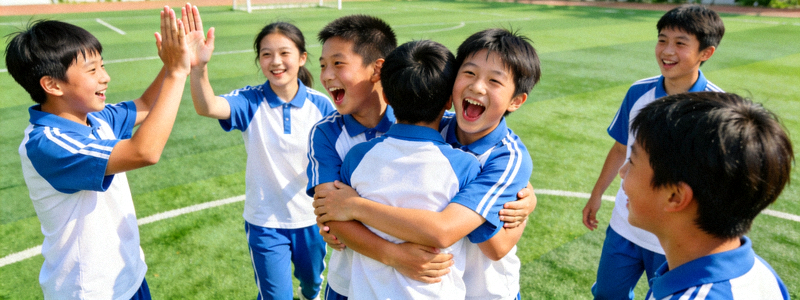 学校操场上学生们在进行合作性体育游戏，互相鼓励