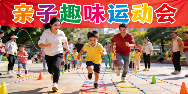 广州社区举办的亲子趣味运动会 - 家长与孩子共同参与体育游戏