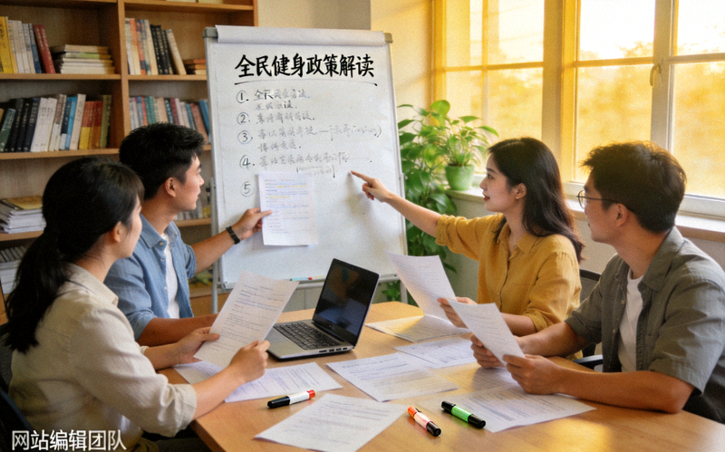 网站编辑团队讨论全民健身政策内容的工作场景