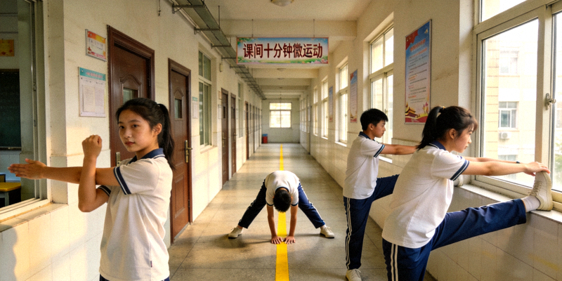 某中学‘课间十分钟微运动’活动，学生在走廊进行简易拉伸