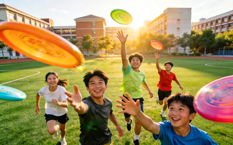 青少年在校园里玩飞盘游戏的欢乐瞬间