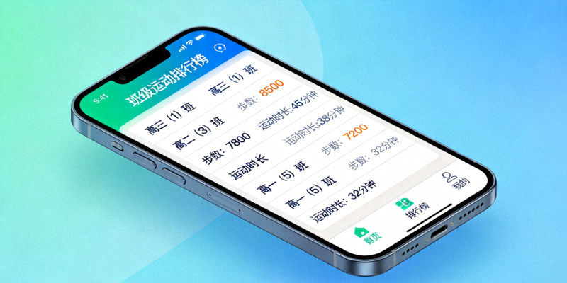 校园运动APP界面展示，显示班级运动排行榜