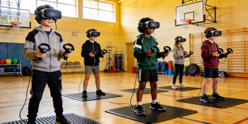 学生在学校体育馆使用VR设备进行虚拟体育课