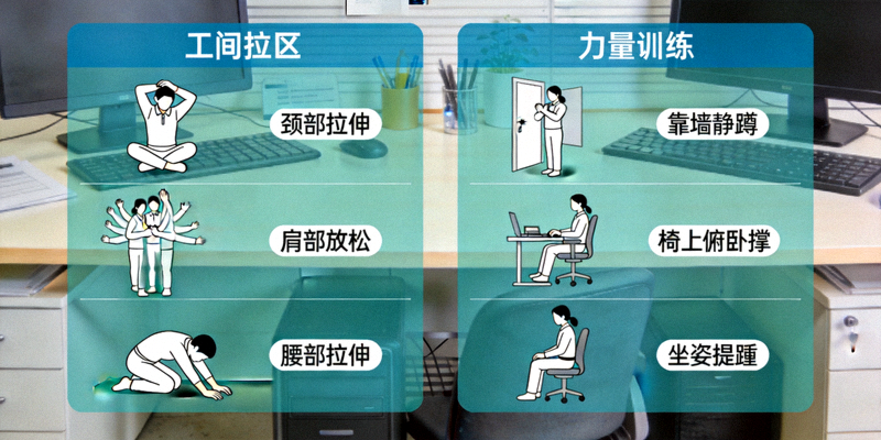 办公室久坐人群进行工间拉伸和力量训练示意图