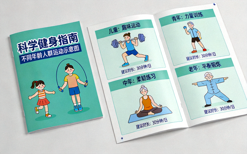 科学健身指南封面及内容展示 - 包含不同年龄人群的运动示意图
