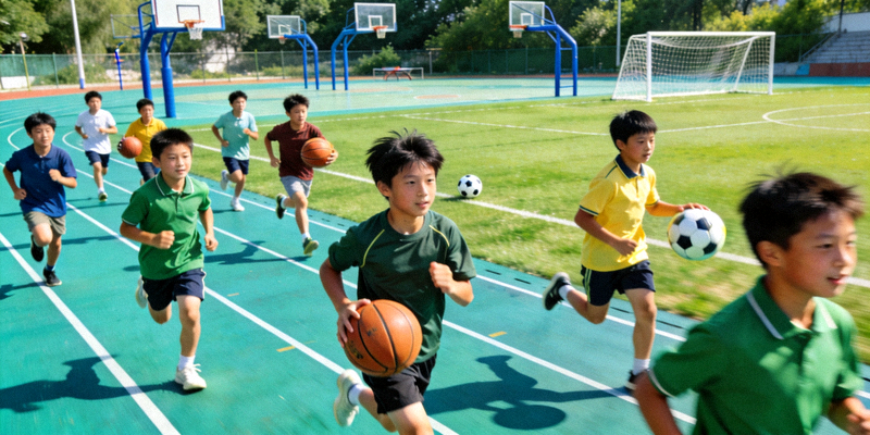青少年在操场进行跑步、球类等综合性体能训练