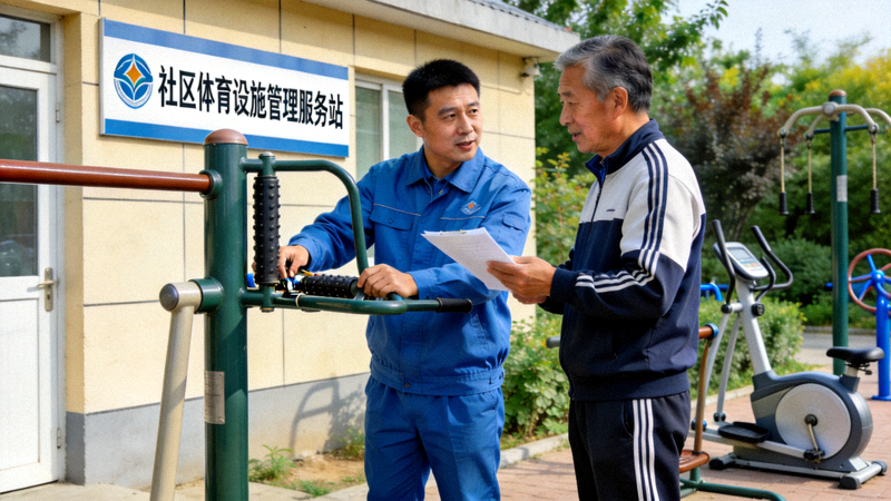 社区体育设施管理服务站 - 工作人员正在维护器材并提供咨询服务