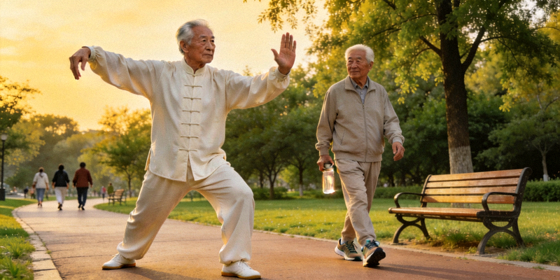 中老年人在公园进行太极拳、健步走等温和锻炼场景