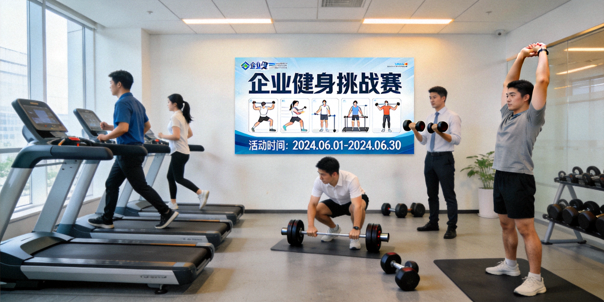 企业员工在办公楼内的共享健身区进行午间锻炼，墙上贴着企业健身挑战赛海报