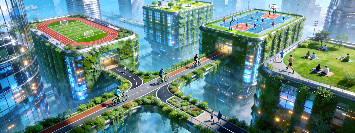 未来城市概念图：空中绿道、屋顶运动场与绿色建筑融合，人们在其中运动休闲