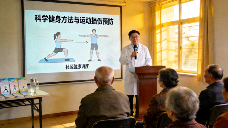 专家在社区健康讲座中讲解科学健身方法与运动损伤预防知识