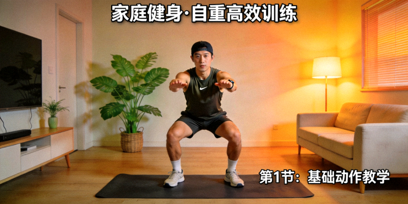 家庭健身课程教学视频截图，教练示范利用自重进行高效训练