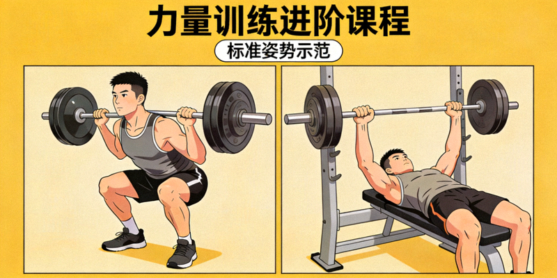 力量训练进阶课程，展示杠铃深蹲、卧推等复合动作的标准姿势