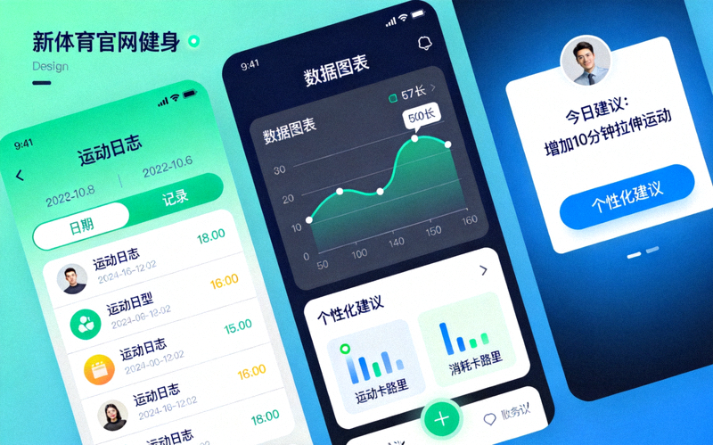 新体育官网健身工具界面展示，包含运动日志、数据图表和个性化建议