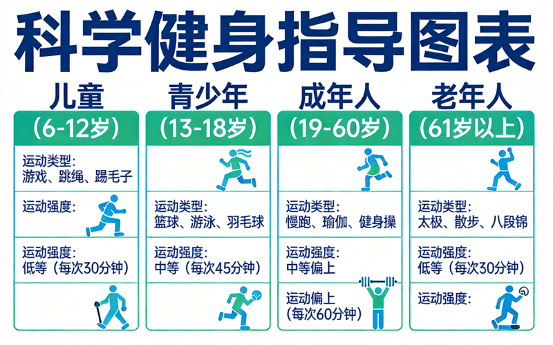 科学健身指导图表 - 展示不同年龄段人群的适宜运动类型和强度
