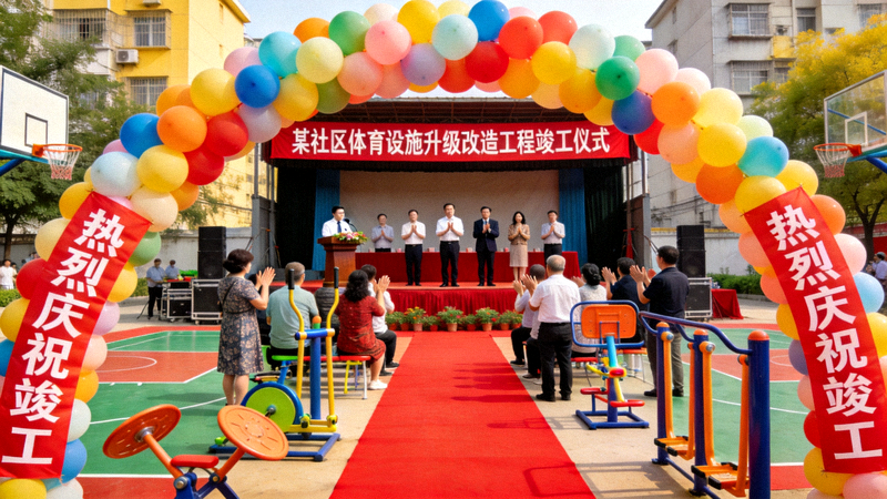 某社区体育设施升级改造工程竣工仪式现场
