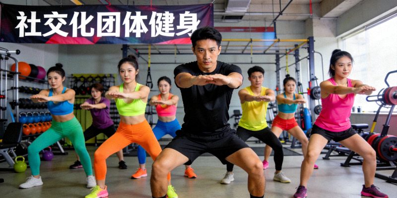 社交化团体健身 - 一群年轻人在专业教练指导下进行团体训练