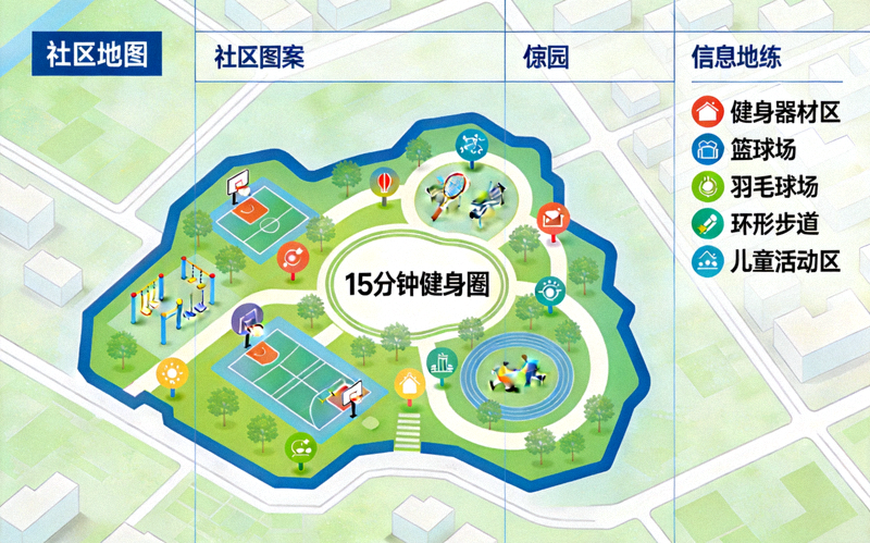 社区15分钟健身圈规划示意图，展示各类设施分布