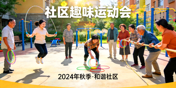 社区体育赛事 - 社区居民参加趣味运动会欢乐场景