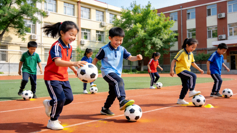 北京某小学学生在体育课上快乐地进行足球基础训练