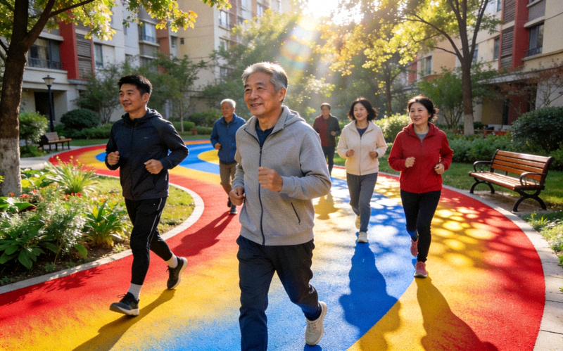 环绕社区花园的彩色塑胶健身步道，居民正在步道上健步走