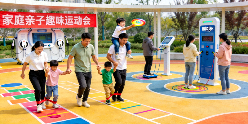 家庭亲子日在智慧体育公园进行趣味运动会的欢乐场景