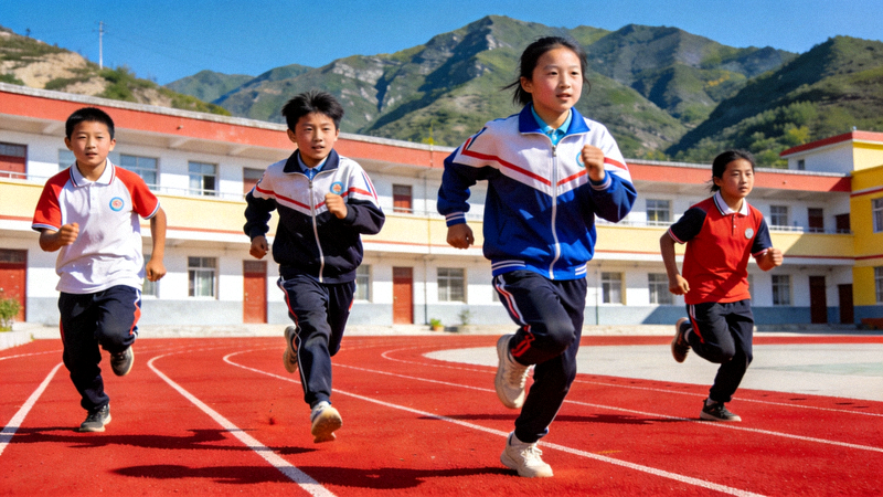 山区学校学生在新建的塑胶运动场上进行跑步比赛