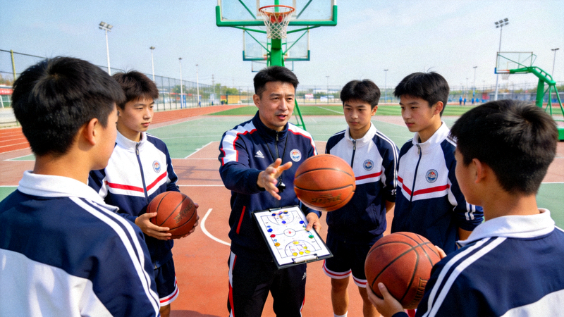 体育俱乐部专业教练在中学指导学生进行篮球技战术训练