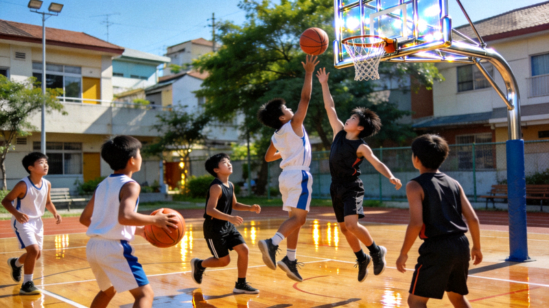 崭新的社区篮球场上一群青少年正在进行篮球比赛